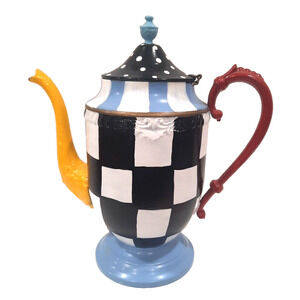 Custom Hand painted Silverplated TeaPot DECOR Checkerboard Dots Whimsical Artist